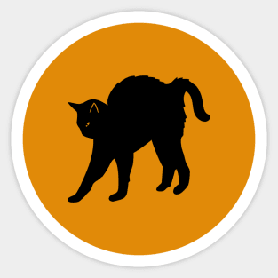 Black Cat Stretching in Orange Circle Sticker